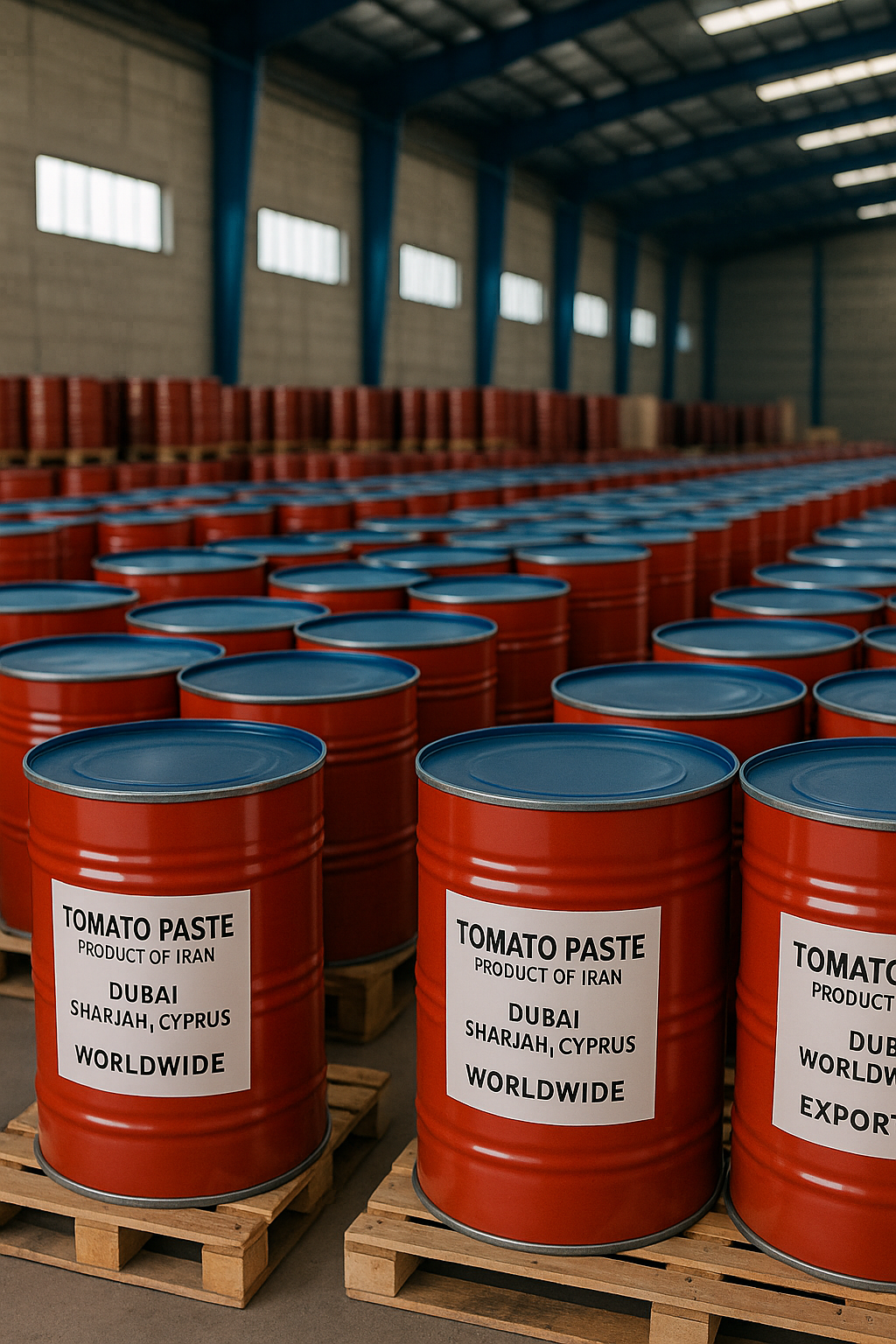 Buy tomato paste – industrial warehouse with export-ready barrels
