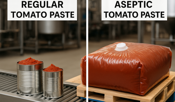 Comparison of regular tomato paste and aseptic tomato paste in factory packaging