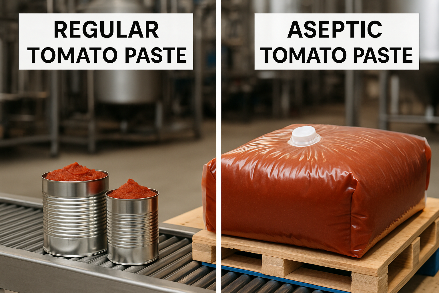 Comparison of regular tomato paste and aseptic tomato paste in factory packaging