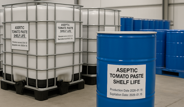 Aseptic Tomato Paste Shelf Life containers in a modern warehouse