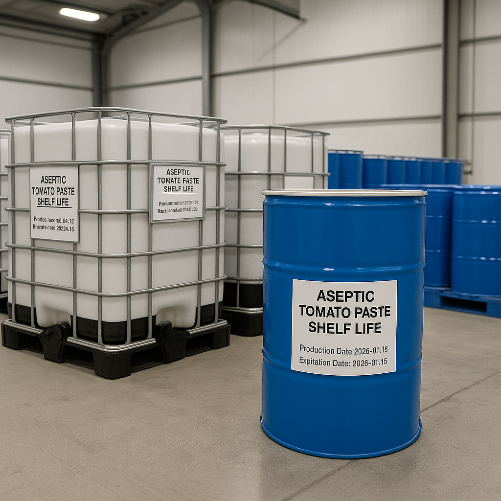 Aseptic Tomato Paste Shelf Life containers in a modern warehouse