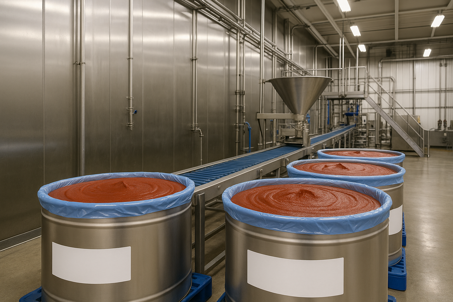 Private label tomato paste production in aseptic barrels at modern factory