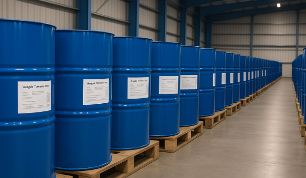 Industrial blue drums of aseptic tomato paste neatly arranged on pallets in a modern export warehouse