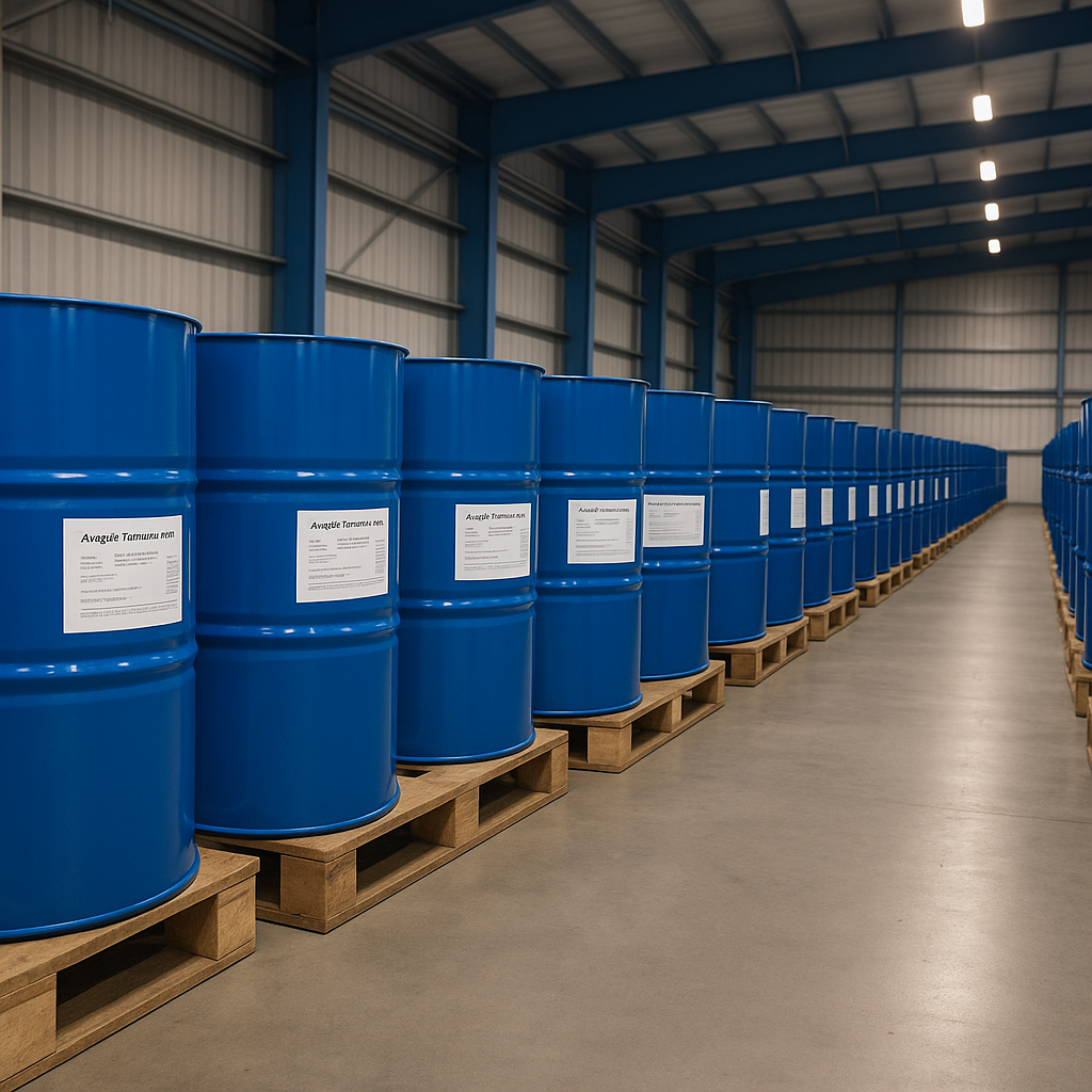Industrial blue drums of aseptic tomato paste neatly arranged on pallets in a modern export warehouse