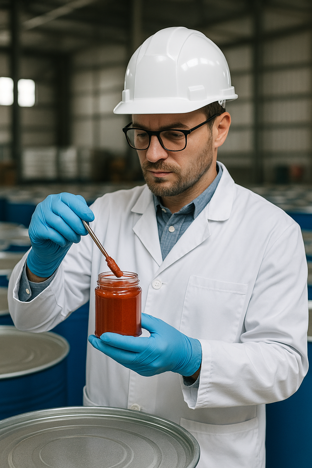 Quality inspection of aseptic tomato paste in industrial warehouse