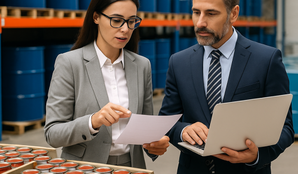 High-resolution image showing a professional packaging and marketing environment for aseptic tomato paste intended for international export.