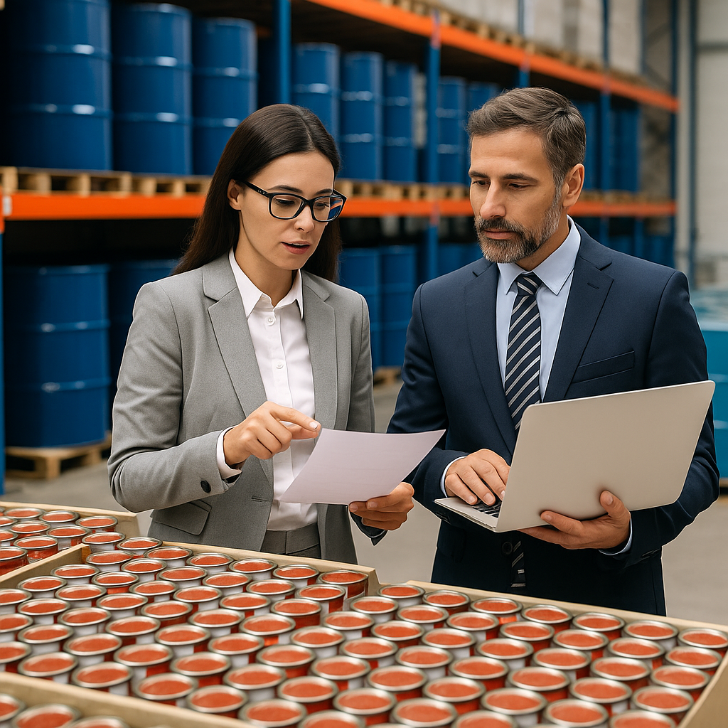 High-resolution image showing a professional packaging and marketing environment for aseptic tomato paste intended for international export.