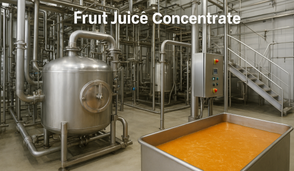 “Fruit juice concentrate production line in a modern factory, showing machinery and storage tanks”