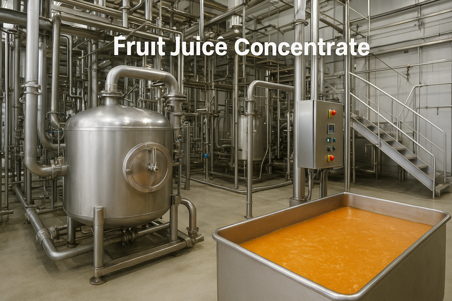 “Fruit juice concentrate production line in a modern factory, showing machinery and storage tanks”