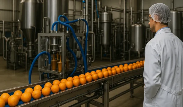 Orange juice concentrate production line — oranges on conveyor toward aseptic filler (Tomexa)