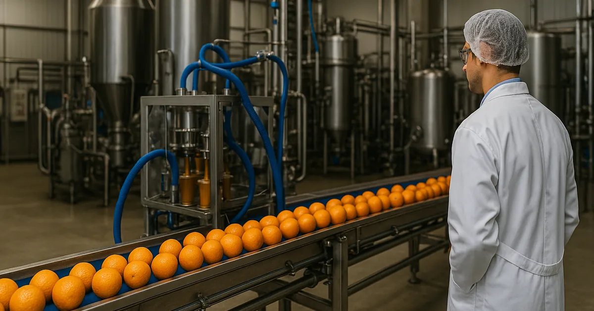 Orange juice concentrate production line — oranges on conveyor toward aseptic filler (Tomexa)