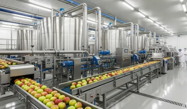 Apple juice concentrate production line with conveyor and stainless steel tanks