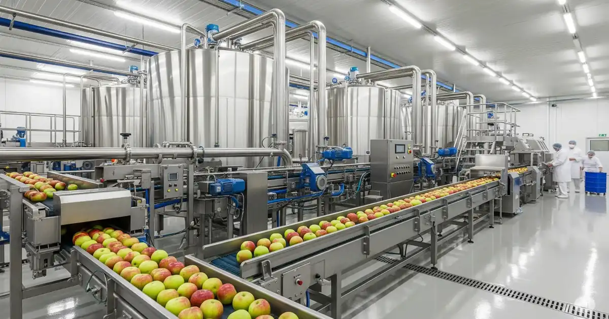 Apple juice concentrate production line with conveyor and stainless steel tanks