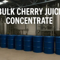 Bulk Cherry Juice Concentrate in blue drums inside industrial factory – Tomexa export packaging