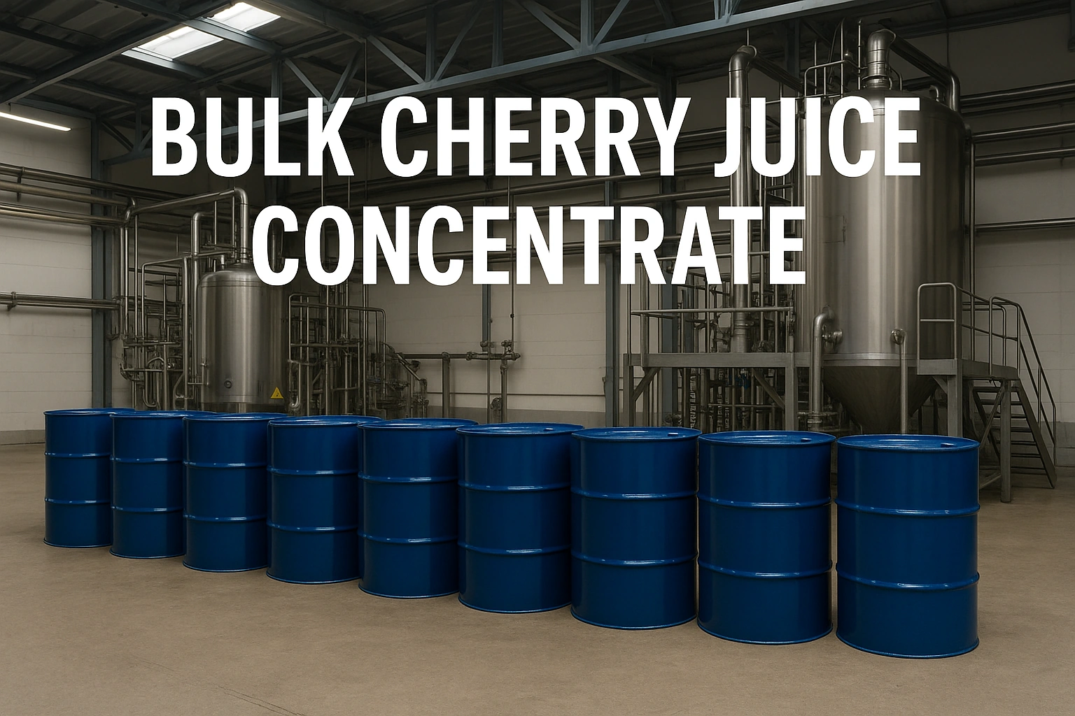 Bulk Cherry Juice Concentrate in blue drums inside industrial factory – Tomexa export packaging